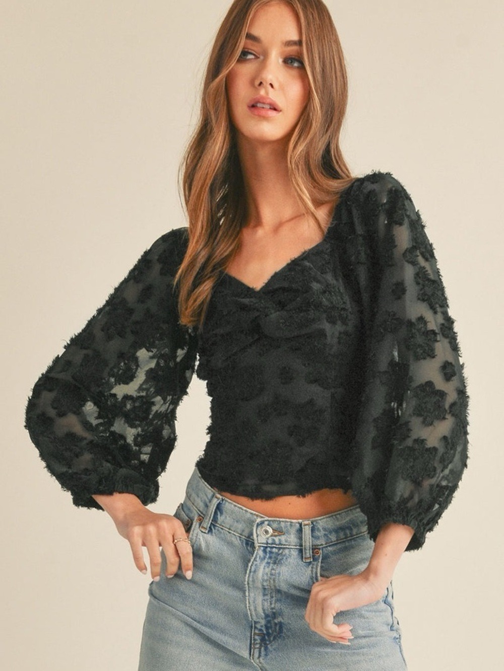 &merci Floral Jacquard Twist Front Puff Sleeve Sweetheart Neckline Top Blouse